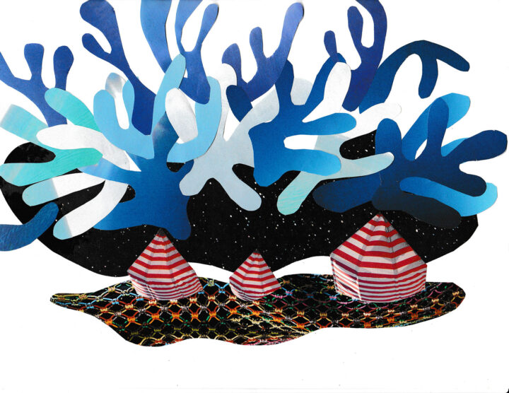 A collage made with magazine cut outs shows three tents with red and white stripes on a rainbow grid below a starry night sky and a flock of floating amoeba-like shapes in various shades of blue.
