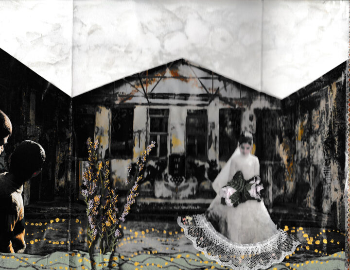 A 3D collage made with magazine clippings and dots of gold and silver paint shows a young girl wearing a white wedding dress and veil and holding a bouquet of white flowers. The girl is walking in a black and white courtyard among strings of gold lights and gold reflecting on the exterior walls of the buildings around her. Two young boys observe her from afar. The sky above is white and cloudy.